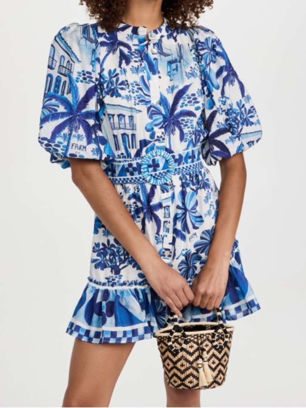 NEW FARM Rio Sweet Rio Mini Dress Tropical Beaded Belt Blue Off White Size L - Picture 2 of 16